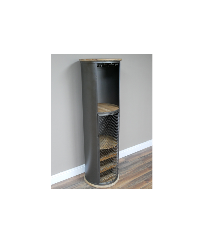 Tall slim round black iron drinks cabinet