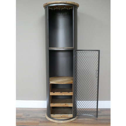 Tall slim round black iron drinks cabinet