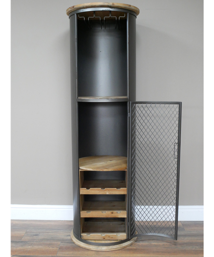 Tall slim round black iron drinks cabinet