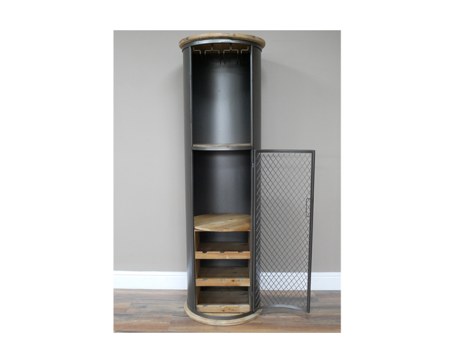 Tall slim round black iron drinks cabinet