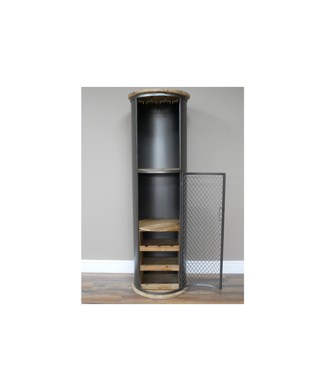 Tall slim round black iron drinks cabinet