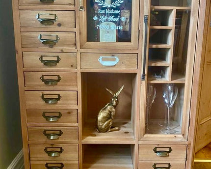 Tall slim rustic wood multi drawer storage display cabinet - Back in stock November