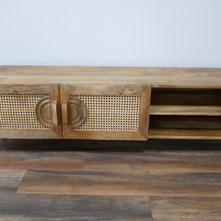 Rustic wood & rattan wide TV cabinet