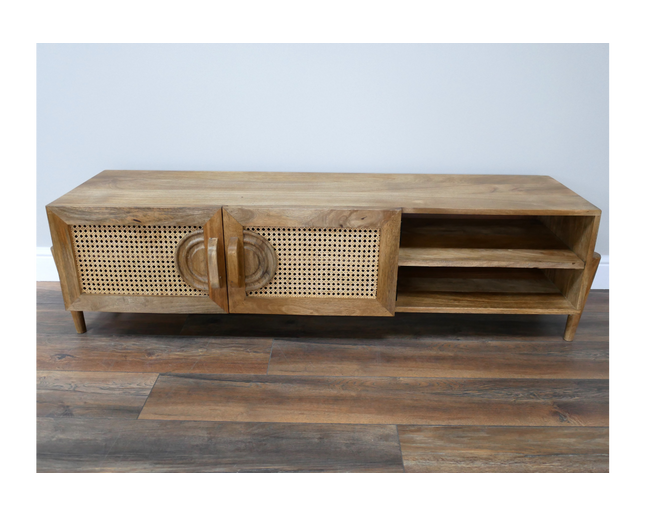 2 door rustic wood & rattan wide TV cabinet