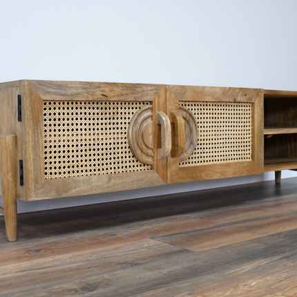 Rustic wood & rattan wide TV cabinet