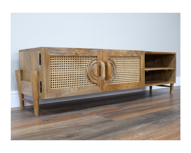 2 door rustic wood & rattan wide TV cabinet