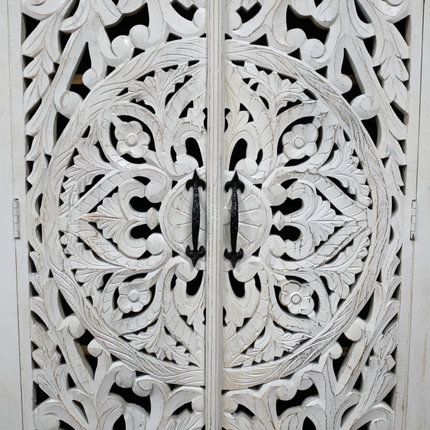 Tall ornate carved wood white shelved cupboard