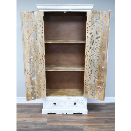 Tall ornate carved wood white shelved cupboard