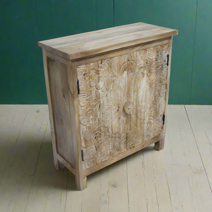 Rustic natural wood carved 2 door cupboard - Back in stock March