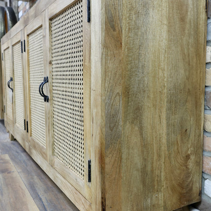 XL rustic wood & rattan 4 door sideboard cabinet