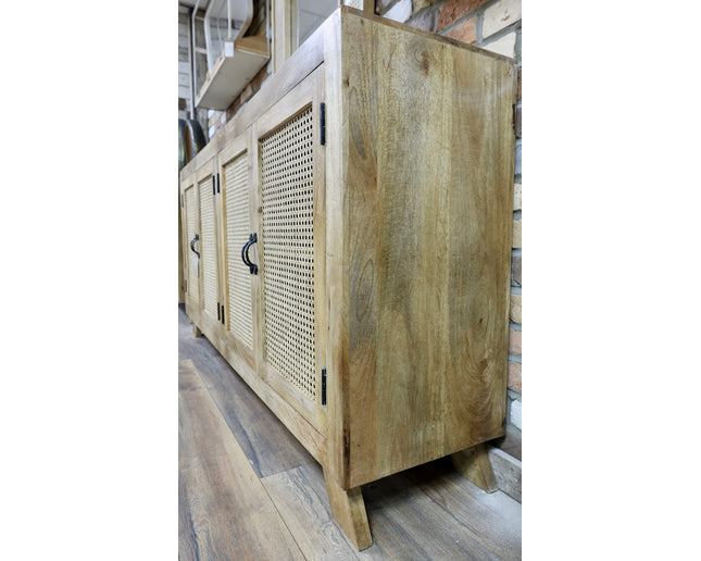 XL rustic wood & rattan  4 door sideboard cabinet