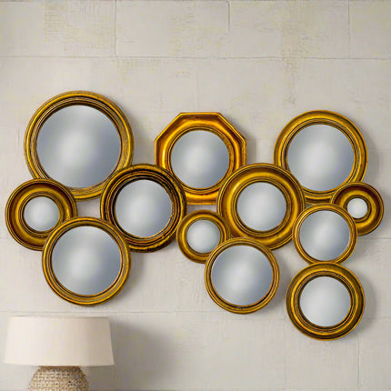 Set of 12 assorted convex gold framed mirrors - back in stock mid June