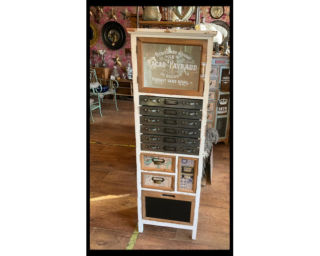 Cream vintage wooden multi drawer storage cabinet