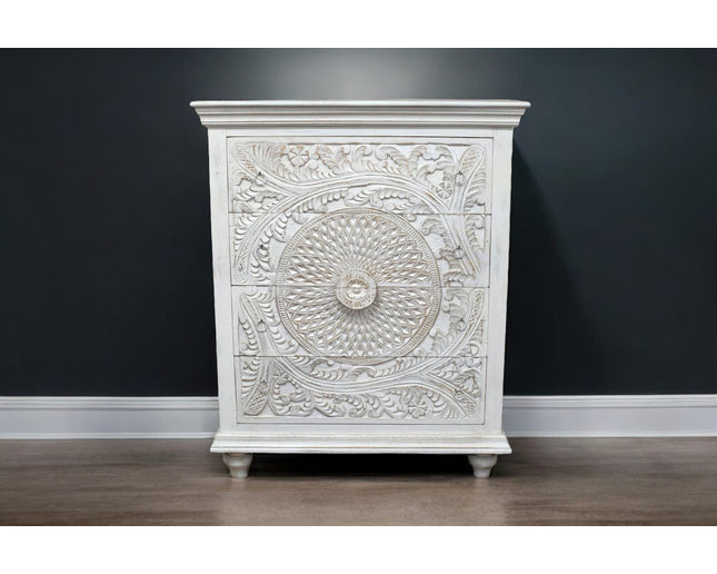 Whitewashed ornate carved wood chest of drawers