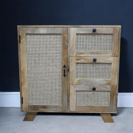 Rustic wood & rattan storage cabinet