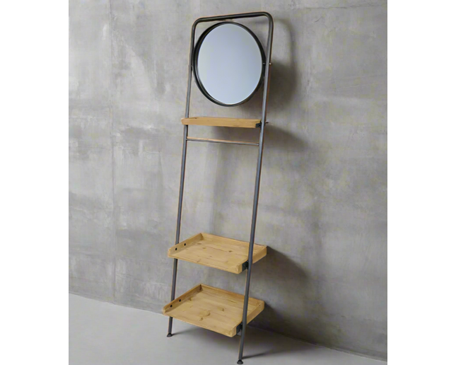 Rustic tall ladder shelf storage with mirror