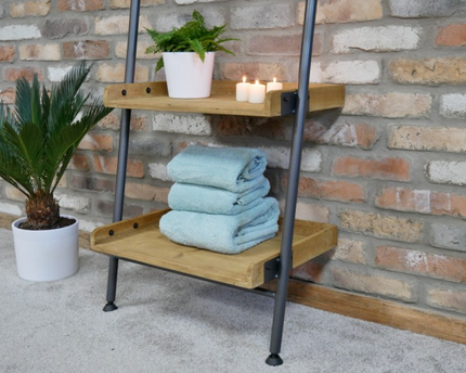 Rustic tall ladder shelf storage with mirror