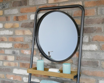 Rustic tall ladder shelf storage with mirror