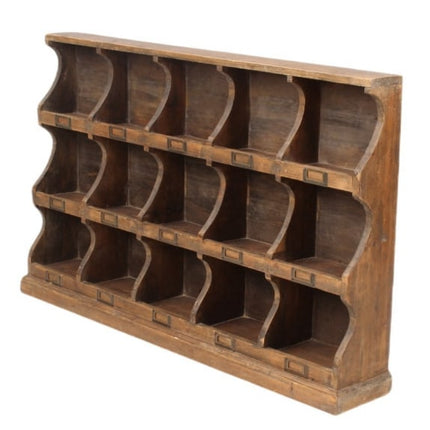 Rustic wood  multi compartment 15 pigeon hole wall storage cabinet