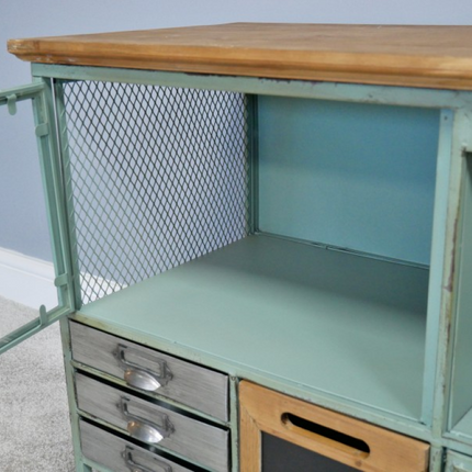 Green metal & wood storage tv media stand