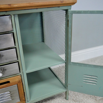 Green metal & wood storage tv media stand