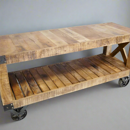 Rustic wood tv stand on wheels