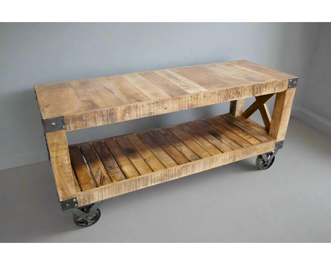 Mango wood rustic tv stand on wheels