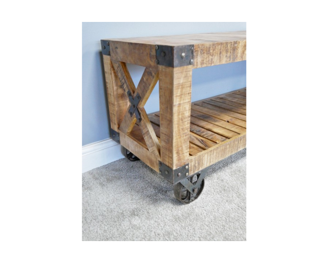 Mango wood rustic tv stand on wheels