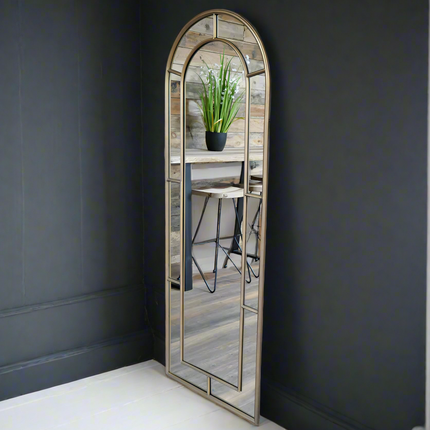 Tall slim muted gold arched wall or floor mirror H:180cm W:63cm