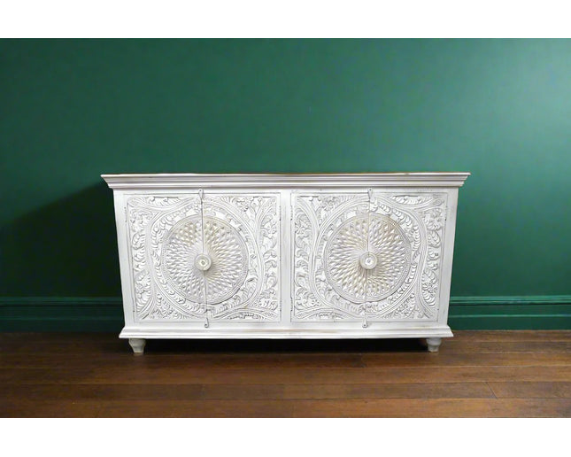 white ornate carved sideboard