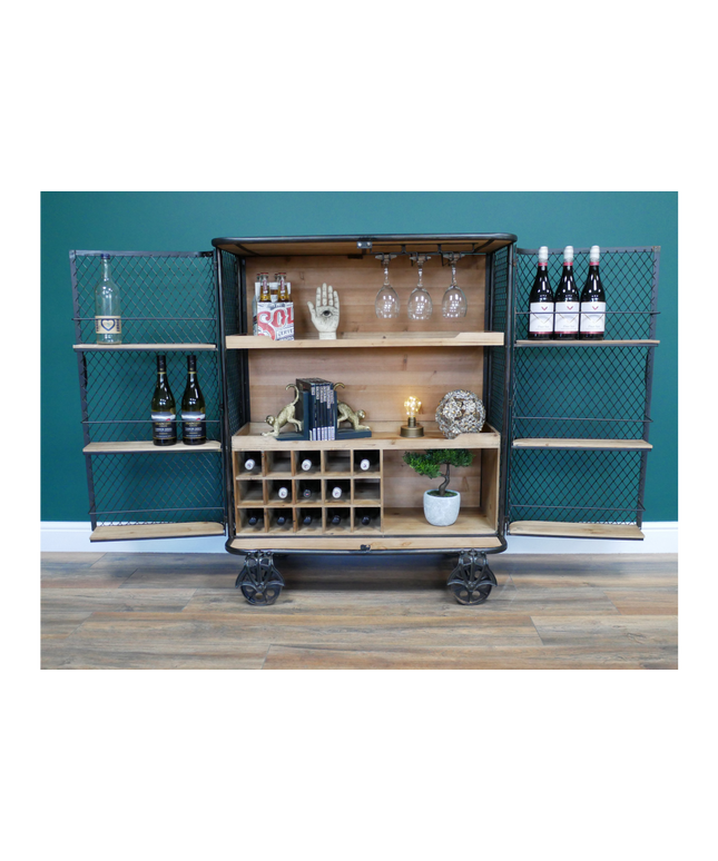 Industrial metal mesh drinks display cabinet on wheels.