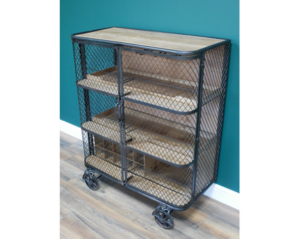 Industrial metal mesh drinks display cabinet on wheels