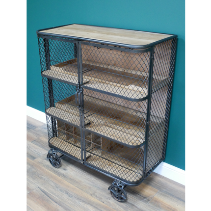 Industrial metal mesh drinks display cabinet on wheels