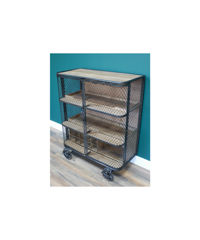 Industrial metal mesh drinks display cabinet on wheels