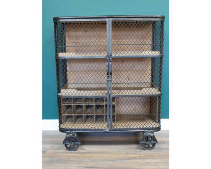 Industrial metal mesh drinks display cabinet on wheels