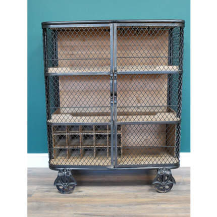 Industrial metal mesh drinks display cabinet on wheels