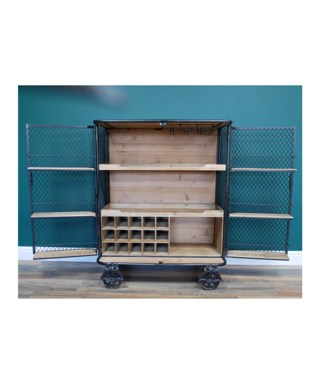 Industrial metal mesh drinks display cabinet on wheels