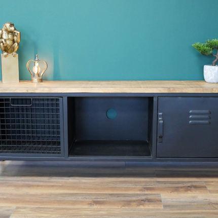 Black iron & wood topped Tv storage cabinet