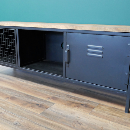 Black iron & wood topped Tv storage cabinet