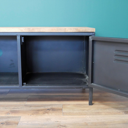 Black iron & wood topped Tv storage cabinet