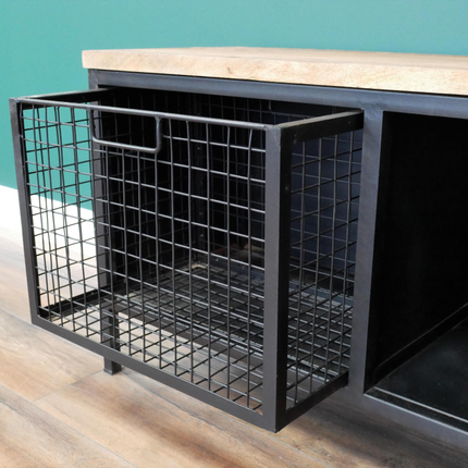 Black iron & wood topped Tv storage cabinet