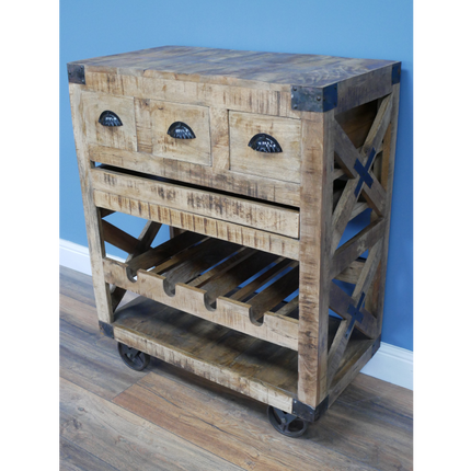 Rustic wood wine cabinet on wheels