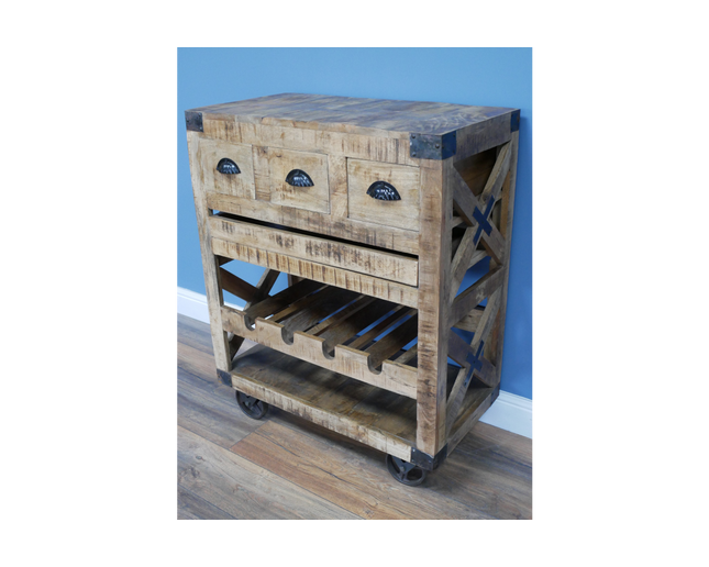 Rustic wood wine cabinet on wheels