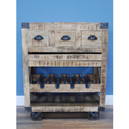 Rustic wood wine cabinet on wheels