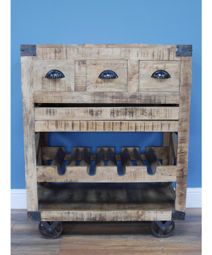 Rustic wood wine cabinet on wheels