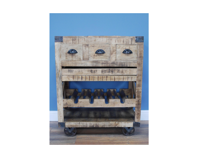 Rustic wood wine cabinet on wheels