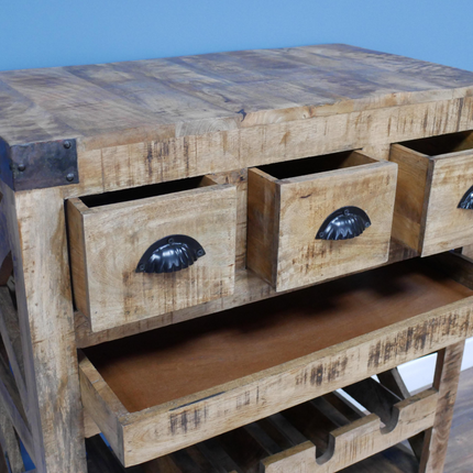 Rustic wood wine cabinet on wheels