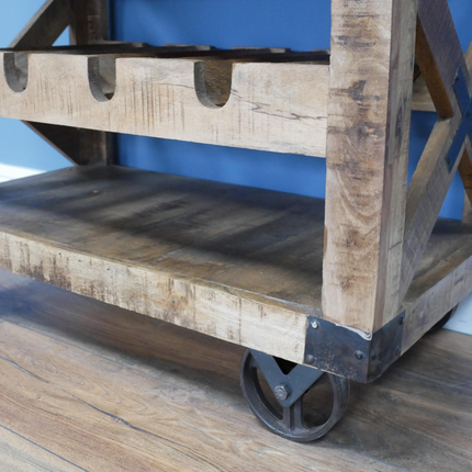 Rustic wood wine cabinet on wheels