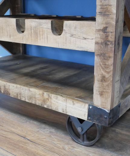 Rustic wood wine cabinet on wheels