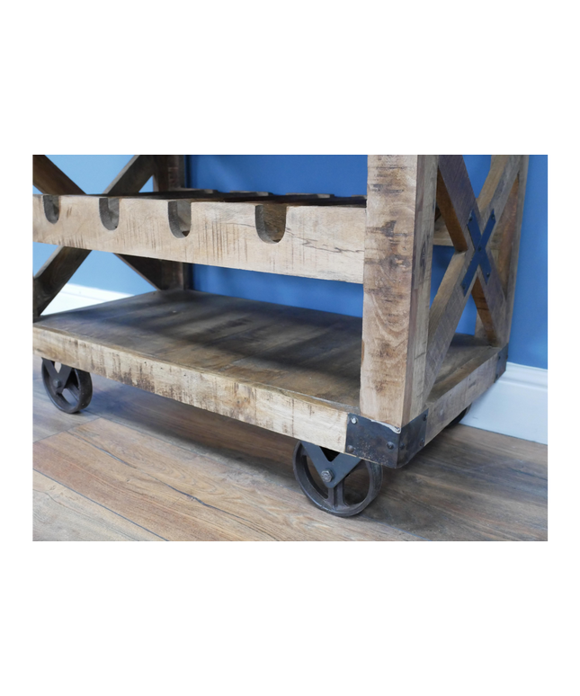 Rustic wood wine cabinet on wheels